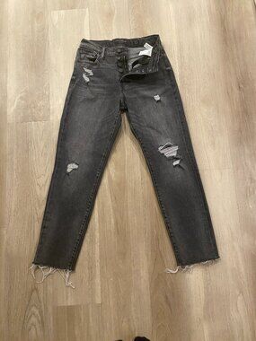 Lucky Brand Drew High Rise Mom Jeans Black/Grey Distressed Raw Hem Ankle 25